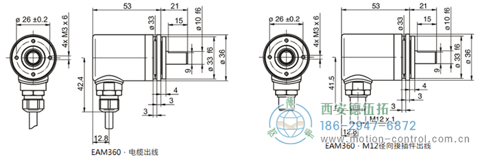 EAM360-S - CANopen®磁式絕對值重載編碼器外形及安裝尺寸(實心軸，帶同步法蘭) - 西安德伍拓自動化傳動系統有限公司