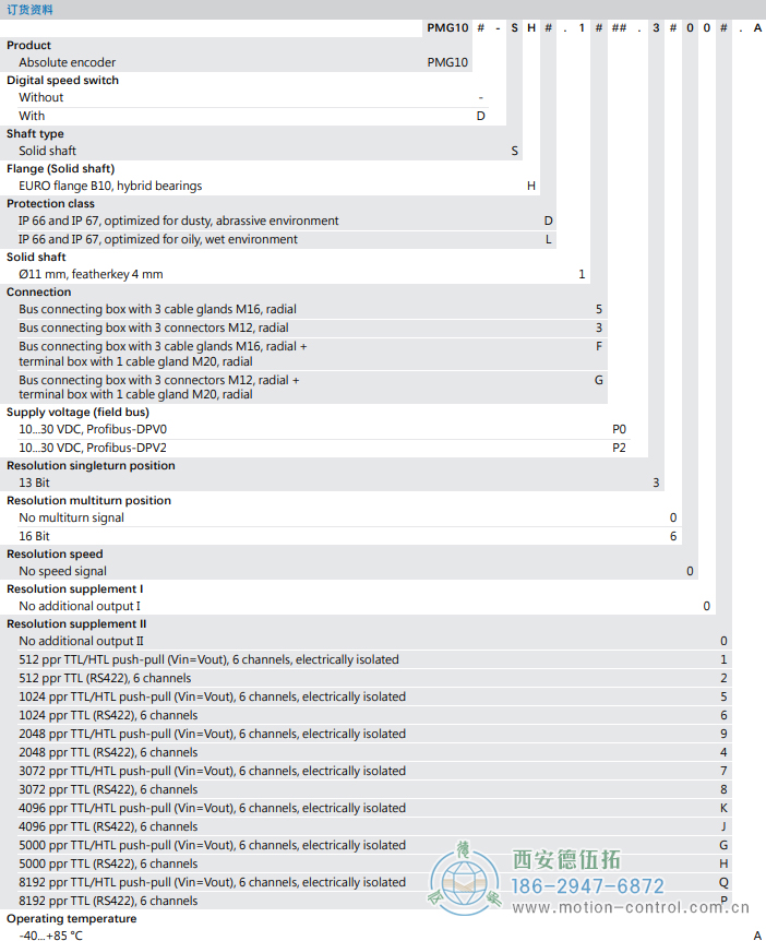PMG10 - Profibus DP絕對(duì)值重載編碼器訂貨選型參考(?11 mm實(shí)心軸，帶歐式法蘭B10或外殼支腳 (B3)) - 西安德伍拓自動(dòng)化傳動(dòng)系統(tǒng)有限公司